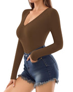 MANGOPOP Deep V-Neck Long-Sleeve Slim Fitted Top - Coffee