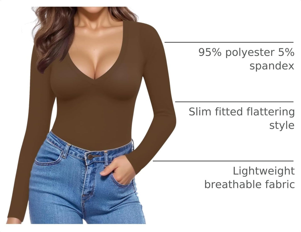 MANGOPOP Deep V-Neck Long-Sleeve Slim Fitted Top - Coffee