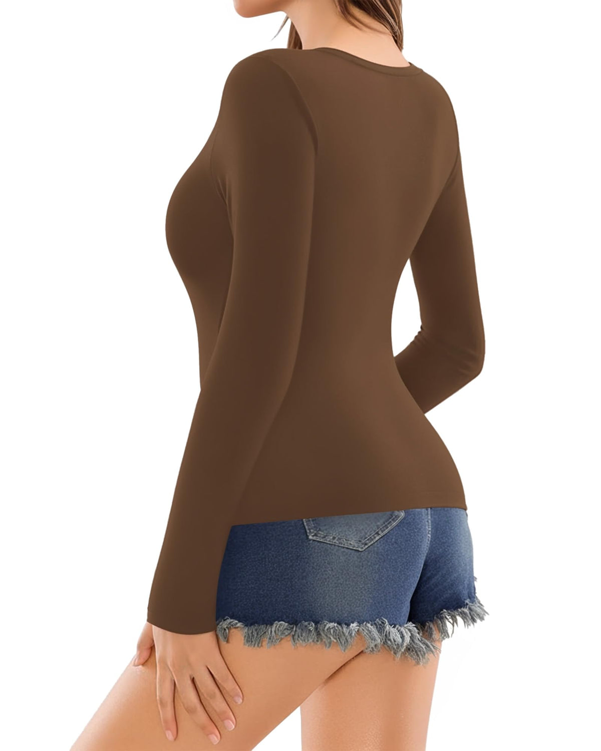 MANGOPOP Deep V-Neck Long-Sleeve Slim Fitted Top - Coffee