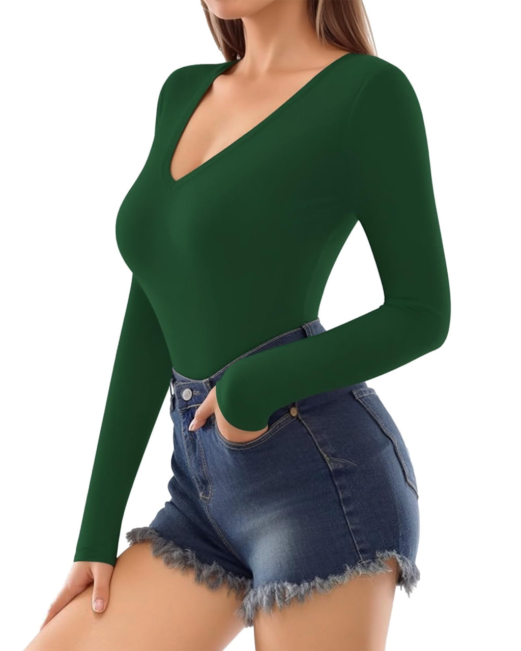 MANGOPOP Deep V-Neck Long-Sleeve Slim Fitted Top - Dark Green
