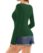 MANGOPOP Deep V-Neck Long-Sleeve Slim Fitted Top - Dark Green