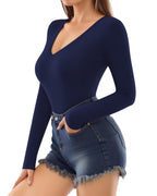 MANGOPOP Deep V-Neck Long-Sleeve Slim Fitted Top - Deep Blue