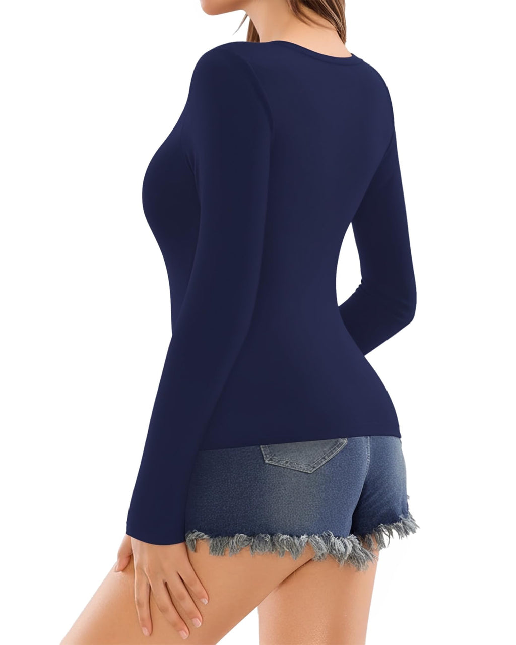 MANGOPOP Deep V-Neck Long-Sleeve Slim Fitted Top - Deep Blue