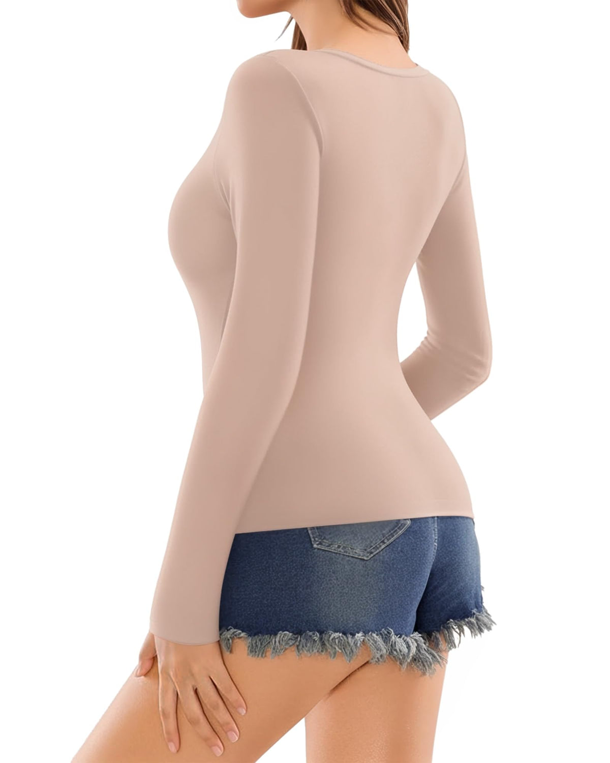 MANGOPOP Deep V-Neck Long-Sleeve Slim Fitted Top - Latte