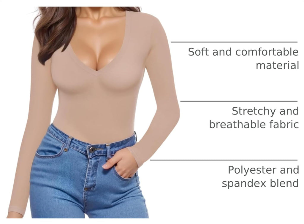 MANGOPOP Deep V-Neck Long-Sleeve Slim Fitted Top - Latte