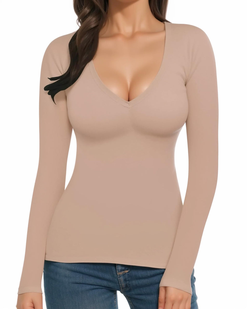 MANGOPOP Deep V-Neck Long-Sleeve Slim Fitted Top - Latte