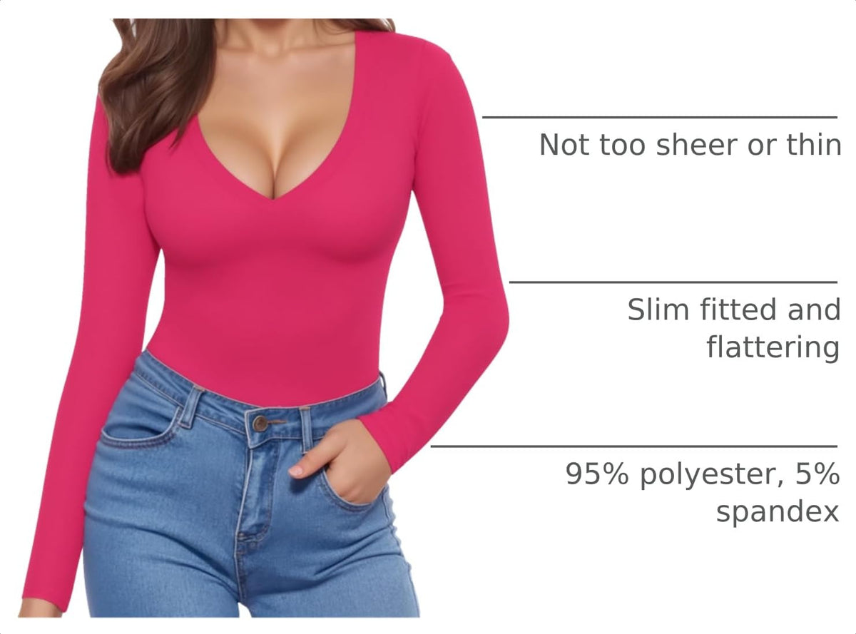 MANGOPOP Deep V-Neck Long-Sleeve Slim Fitted Top - Rose Pink