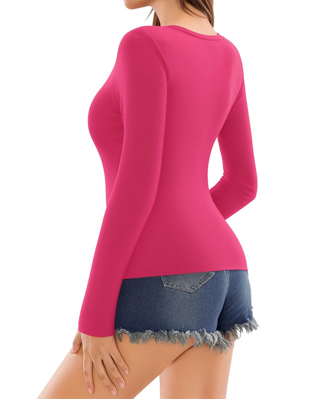 MANGOPOP Deep V-Neck Long-Sleeve Slim Fitted Top - Rose Pink