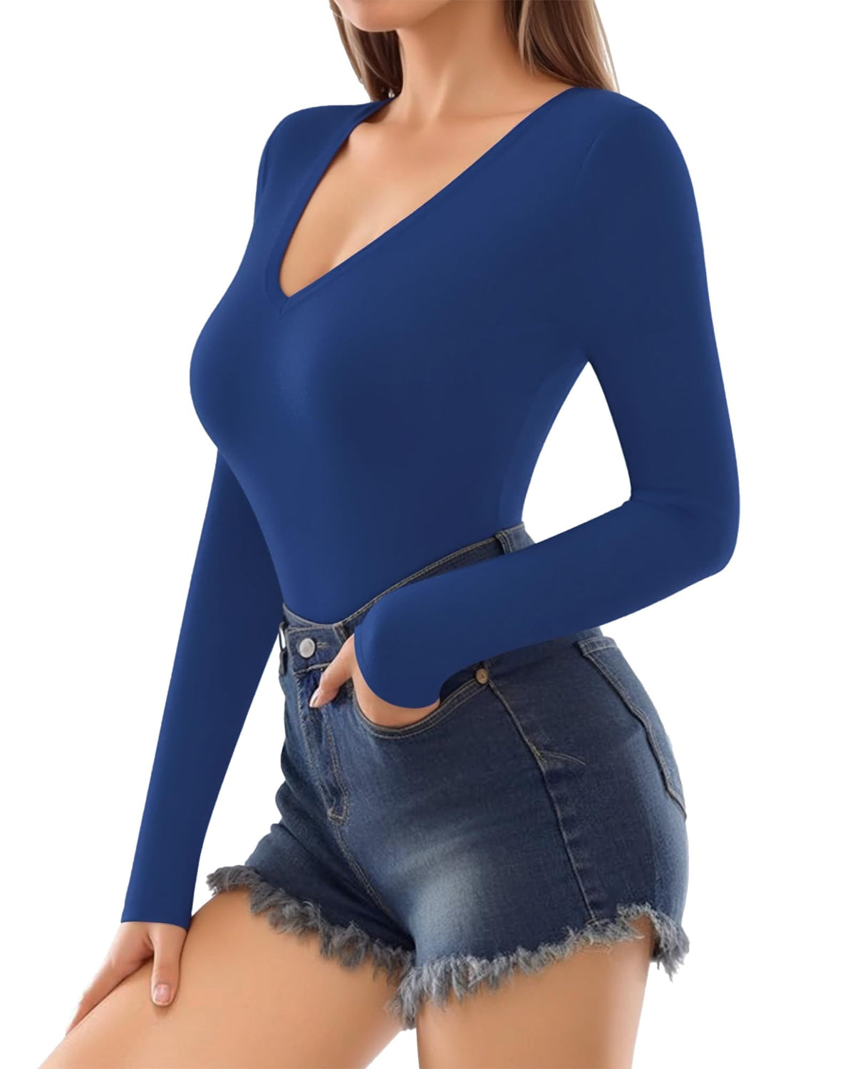 MANGOPOP Deep V-Neck Long-Sleeve Slim Fitted Top - Royal Blue