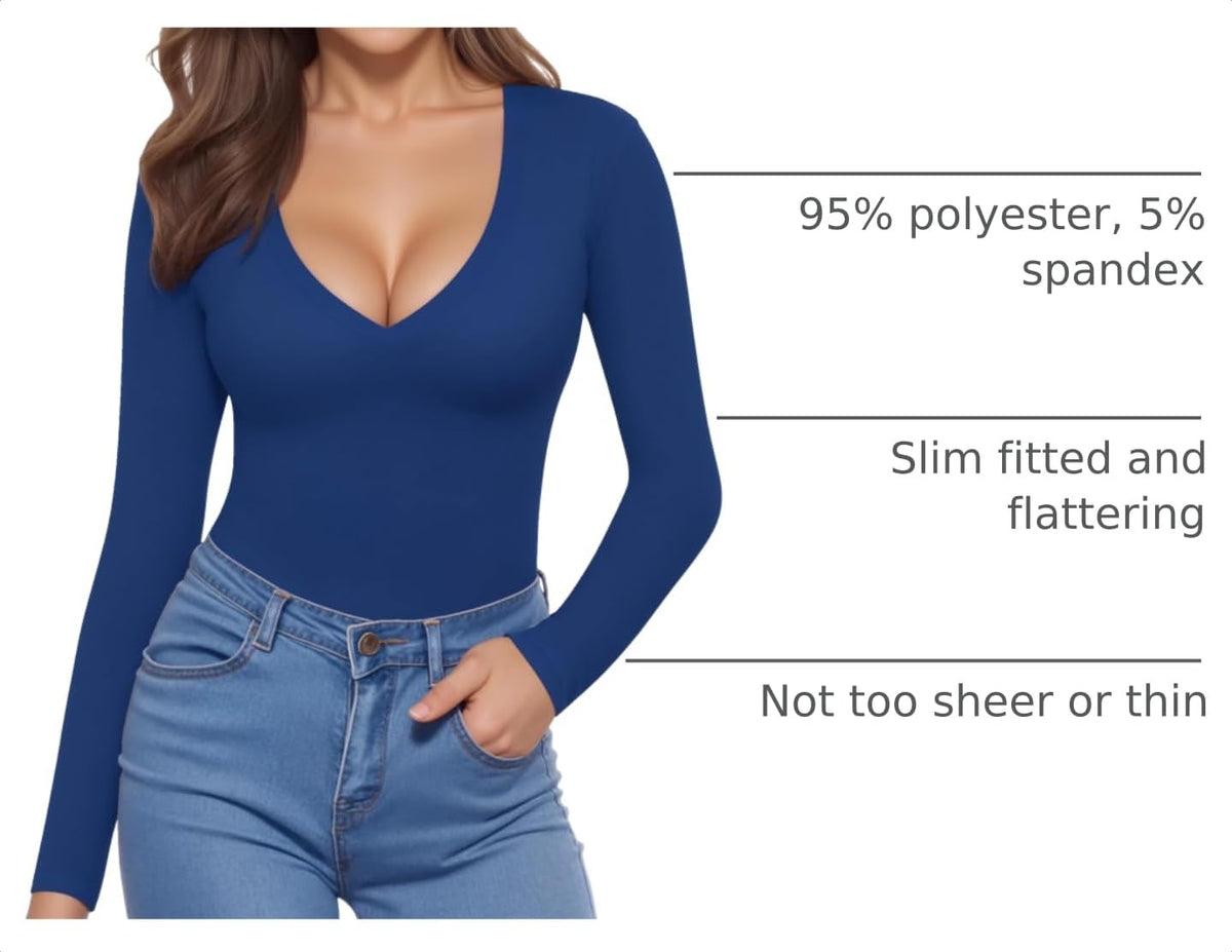 MANGOPOP Deep V-Neck Long-Sleeve Slim Fitted Top - Royal Blue