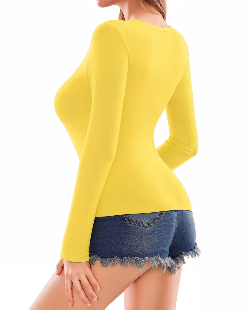MANGOPOP Deep V-Neck Long-Sleeve Slim Fitted Top - Yellow