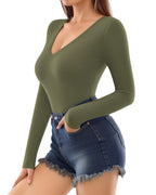 MANGOPOP Deep V-Neck Long-Sleeve Slim Fitted Top - Dark Brown