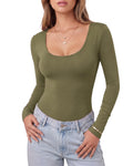 MANGOPOP Scoop Neck Long-Sleeve Slim-Fit Top - Army Green