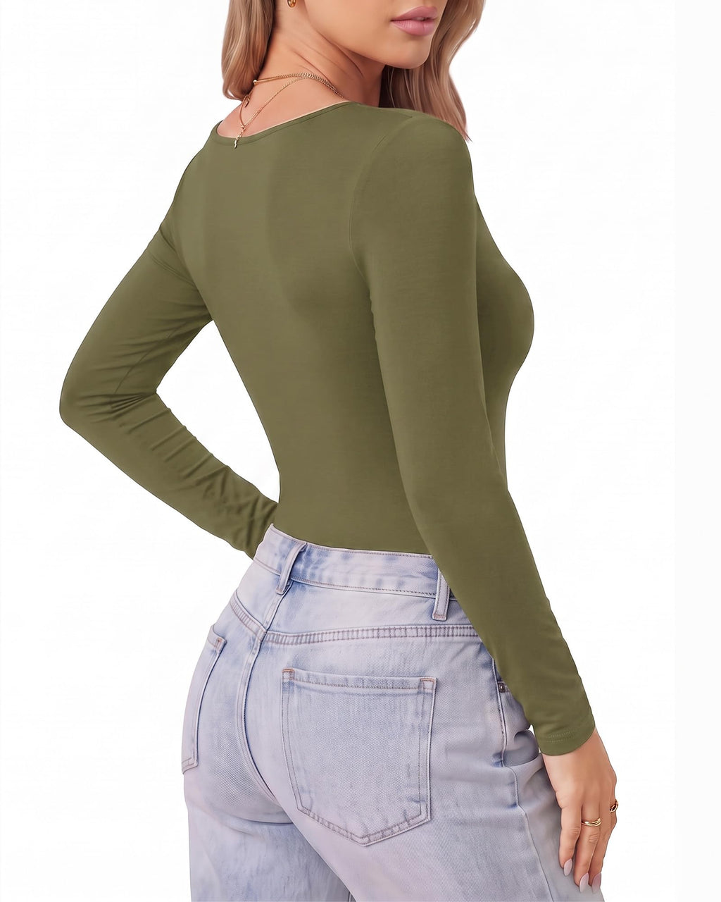 MANGOPOP Scoop Neck Long-Sleeve Slim-Fit Top - Army Green