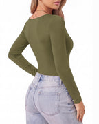 MANGOPOP Scoop Neck Long-Sleeve Slim-Fit Top - Army Green