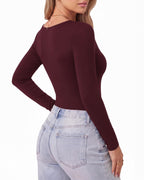 MANGOPOP Scoop Neck Long-Sleeve Slim-Fit Top - Burgundy