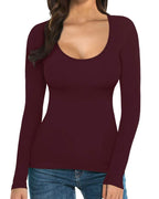 MANGOPOP Scoop Neck Long-Sleeve Slim-Fit Top - Burgundy