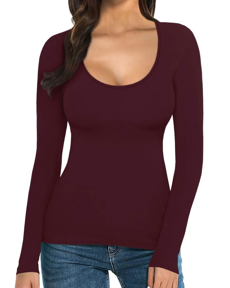 MANGOPOP Scoop Neck Long-Sleeve Slim-Fit Top - Burgundy