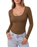 MANGOPOP Scoop Neck Long-Sleeve Slim-Fit Top - Coffee