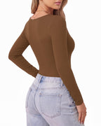 MANGOPOP Scoop Neck Long-Sleeve Slim-Fit Top - Coffee