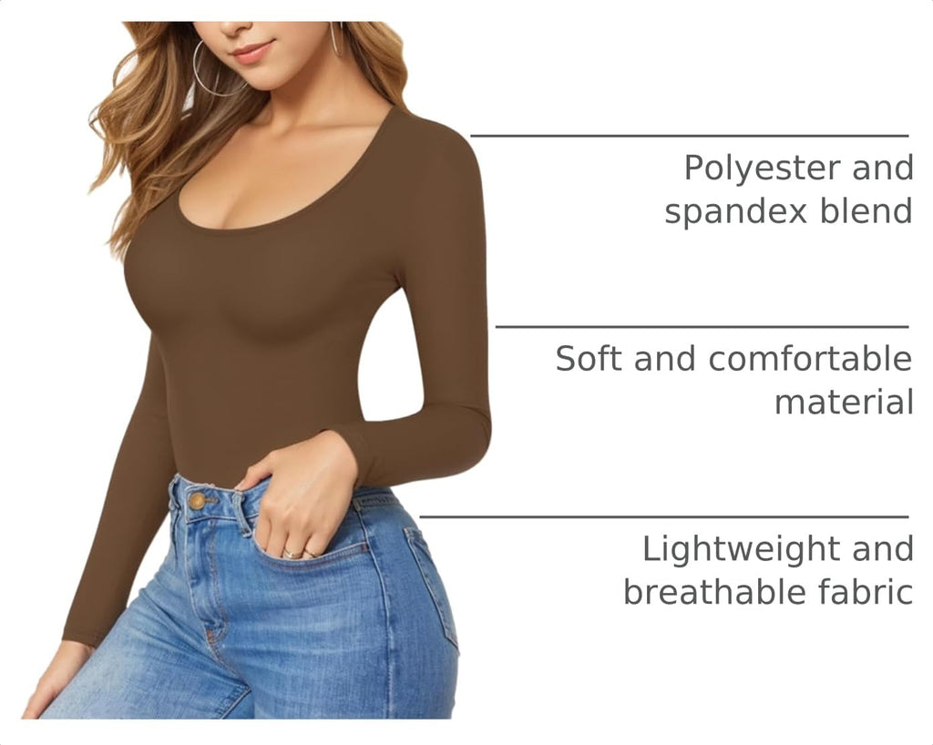 MANGOPOP Scoop Neck Long-Sleeve Slim-Fit Top - Coffee