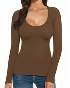 MANGOPOP Scoop Neck Long-Sleeve Slim-Fit Top - Coffee