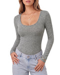 MANGOPOP Scoop Neck Long-Sleeve Slim-Fit Top - Dark Heather Grey