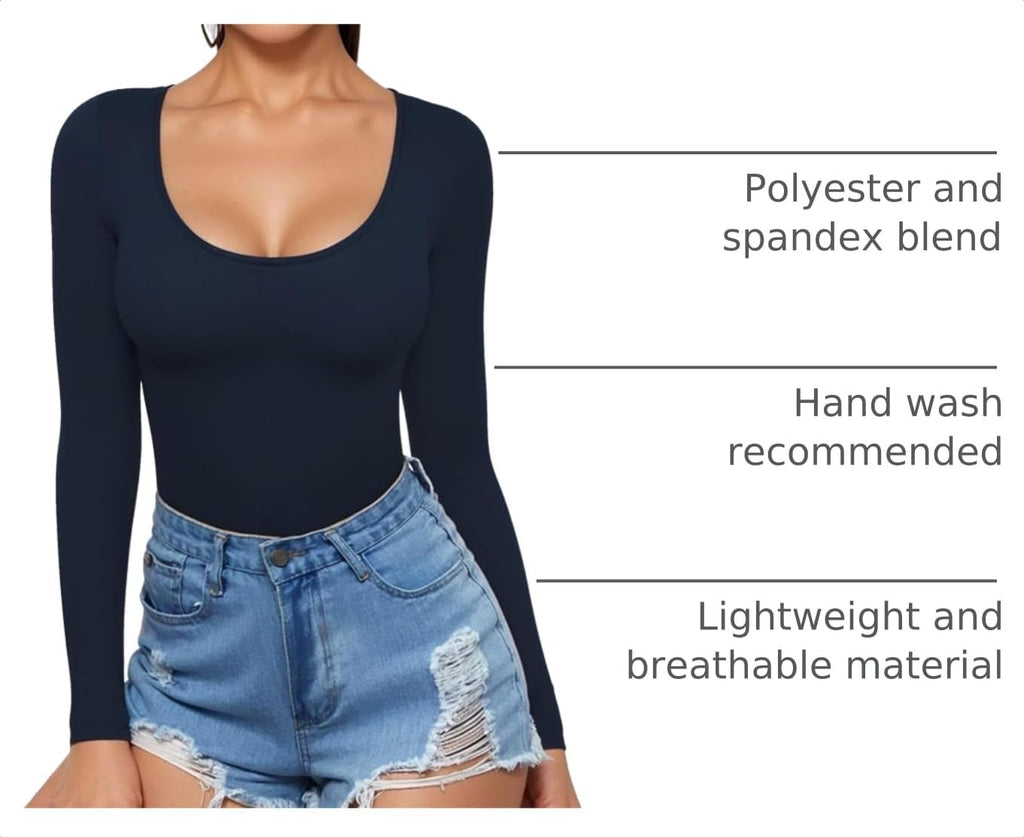MANGOPOP Scoop Neck Long-Sleeve Slim-Fit Top - Deep Blue