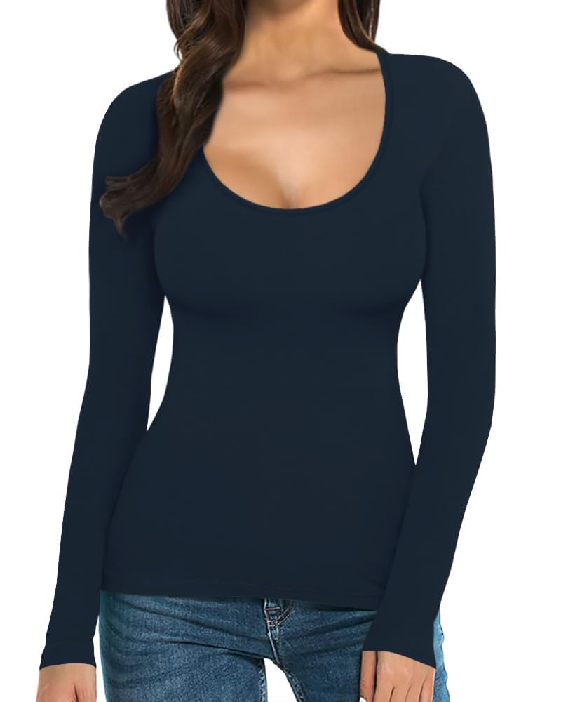MANGOPOP Scoop Neck Long-Sleeve Slim-Fit Top - Deep Blue