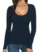MANGOPOP Scoop Neck Long-Sleeve Slim-Fit Top - Deep Blue