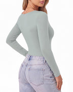 MANGOPOP Scoop Neck Long-Sleeve Slim-Fit Top - Elephant Grey