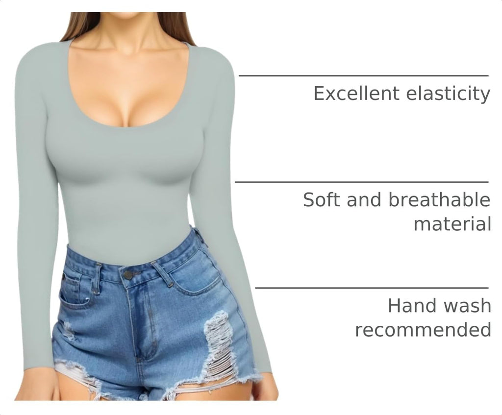 MANGOPOP Scoop Neck Long-Sleeve Slim-Fit Top - Elephant Grey
