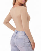 MANGOPOP Scoop Neck Long-Sleeve Slim-Fit Top - Light Camel