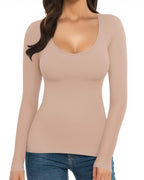 MANGOPOP Scoop Neck Long-Sleeve Slim-Fit Top - Light Camel