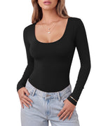 MANGOPOP Scoop Neck Long-Sleeve Slim-Fit Top - Black