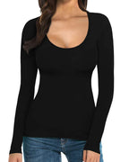 MANGOPOP Scoop Neck Long-Sleeve Slim-Fit Top - Black