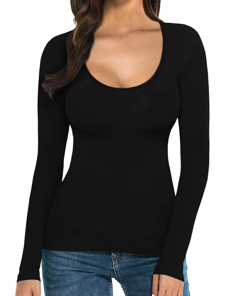 MANGOPOP Scoop Neck Long-Sleeve Slim-Fit Top - Black
