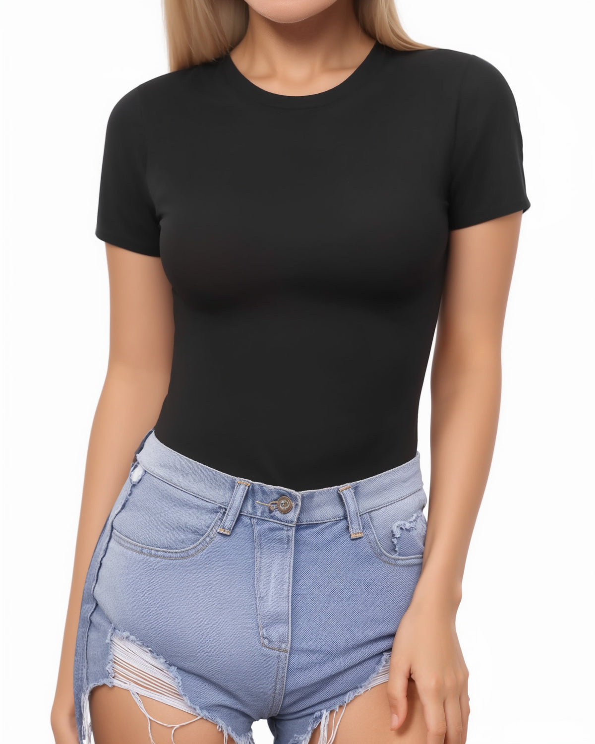 MANGOPOP Fitted Crew Neck Short-Sleeve Basic Tees Top Black