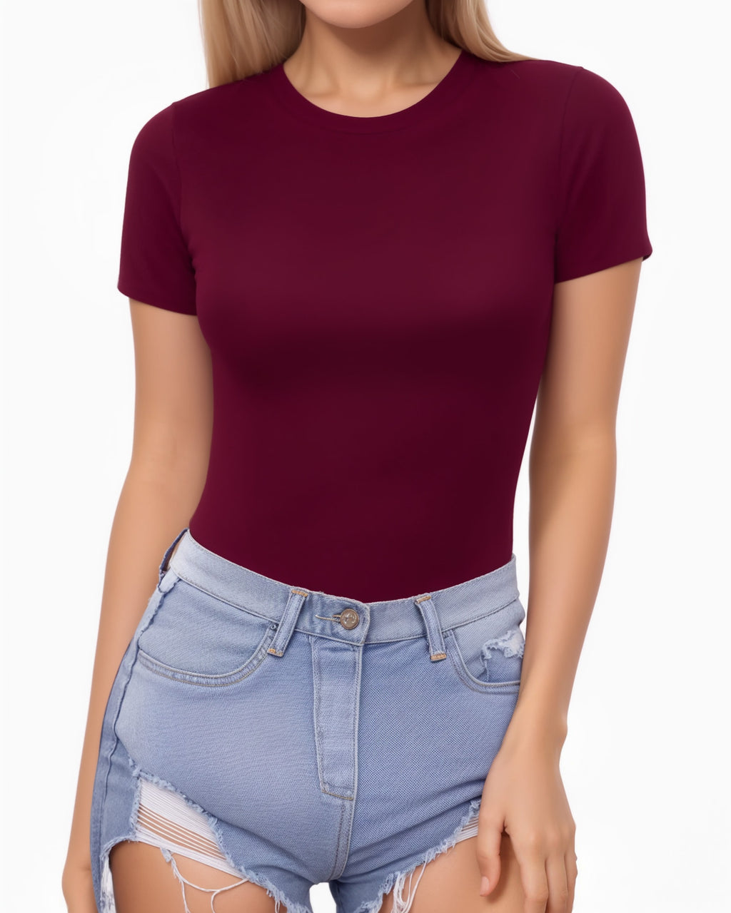 MANGOPOP Fitted Crew Neck Short-Sleeve Basic Tees Top Burgundy