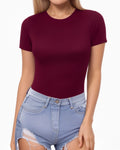 MANGOPOP Fitted Crew Neck Short-Sleeve Basic Tees Top Burgundy