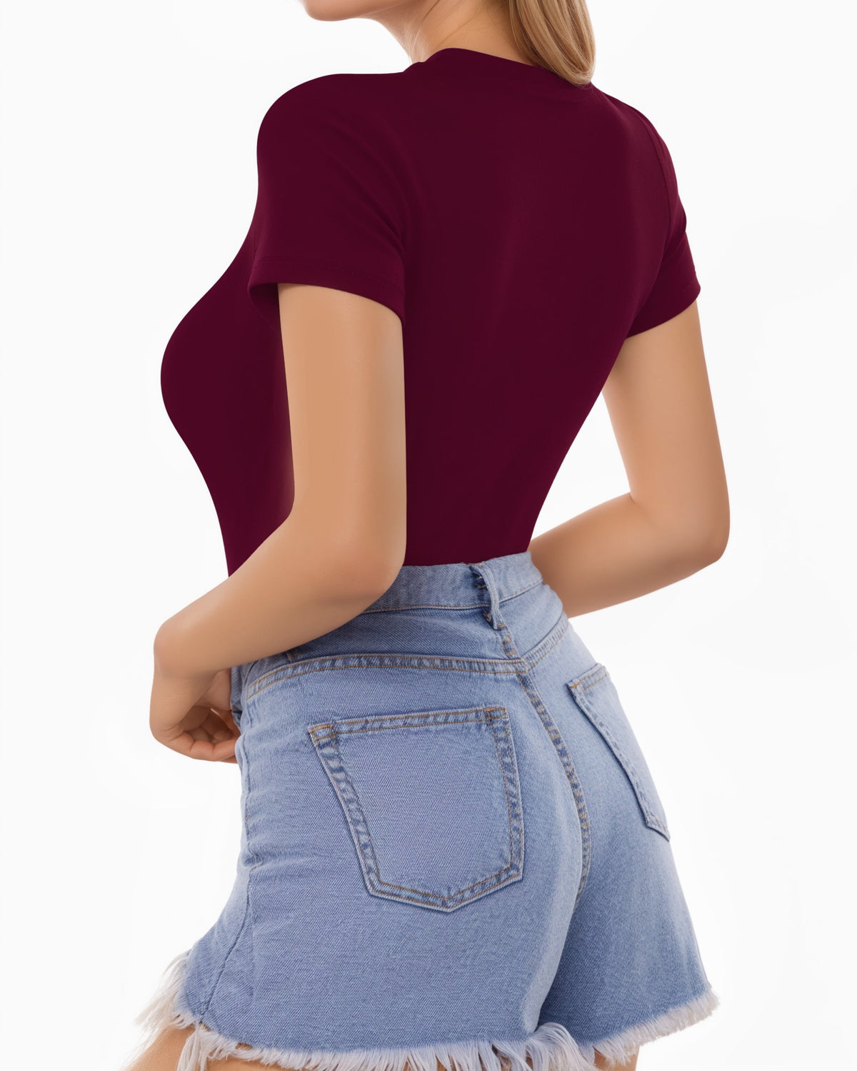 MANGOPOP Fitted Crew Neck Short-Sleeve Basic Tees Top Burgundy