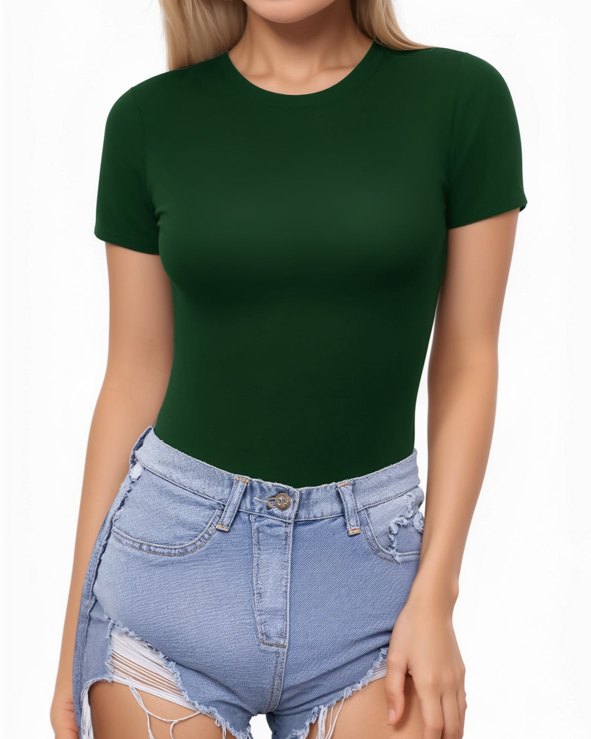 MANGOPOP Fitted Crew Neck Short-Sleeve Basic Tees Top Deep Green