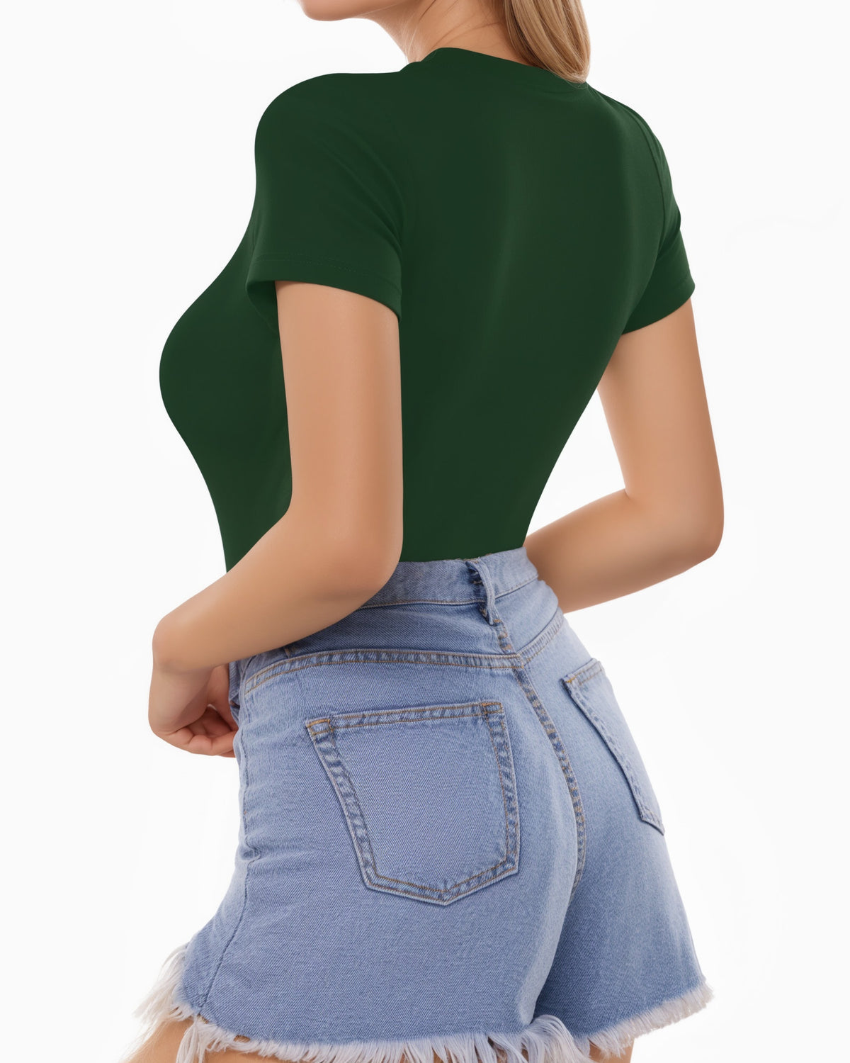 MANGOPOP Fitted Crew Neck Short-Sleeve Basic Tees Top Deep Green