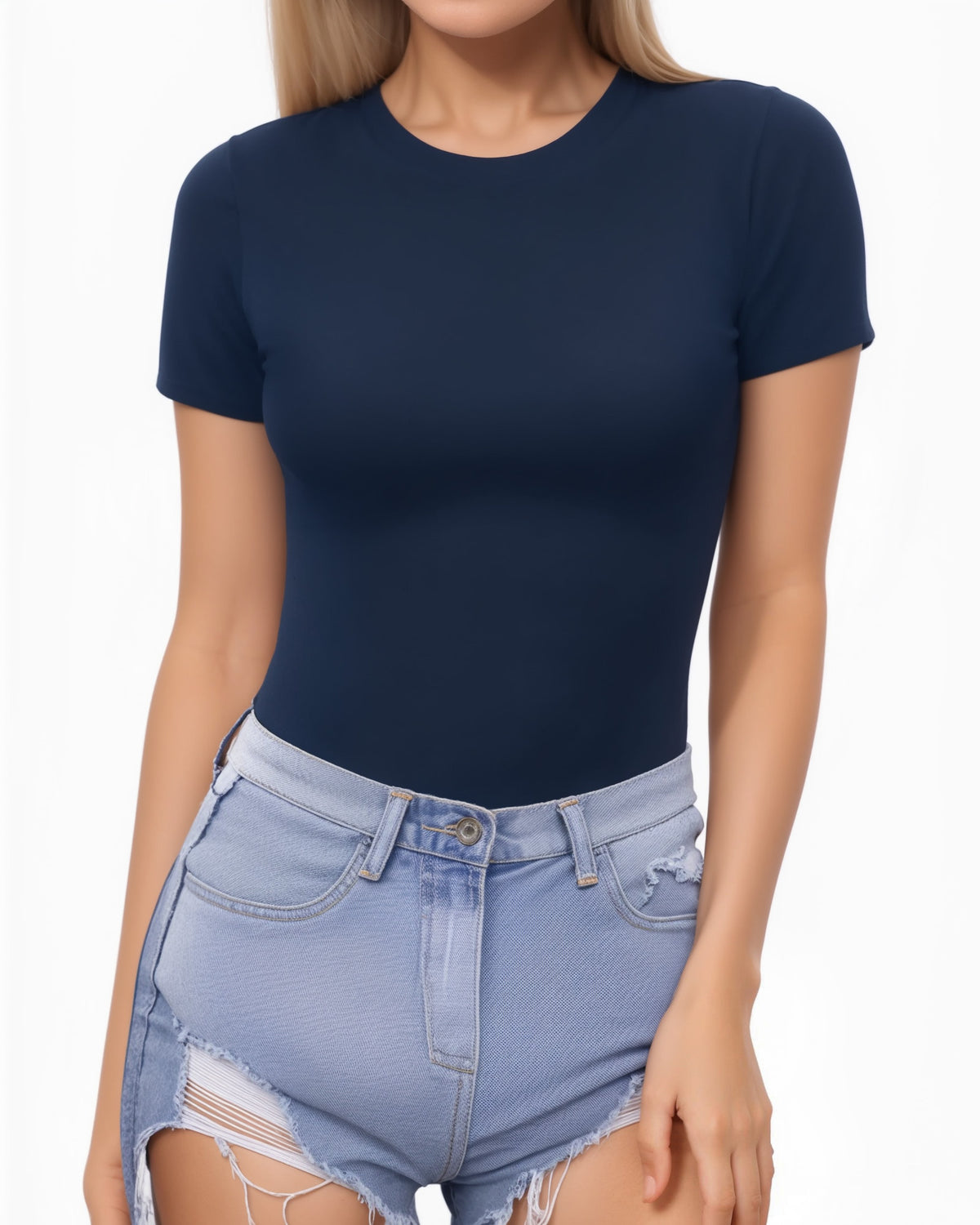 MANGOPOP Fitted Crew Neck Short-Sleeve Basic Tees Top Navy Blue