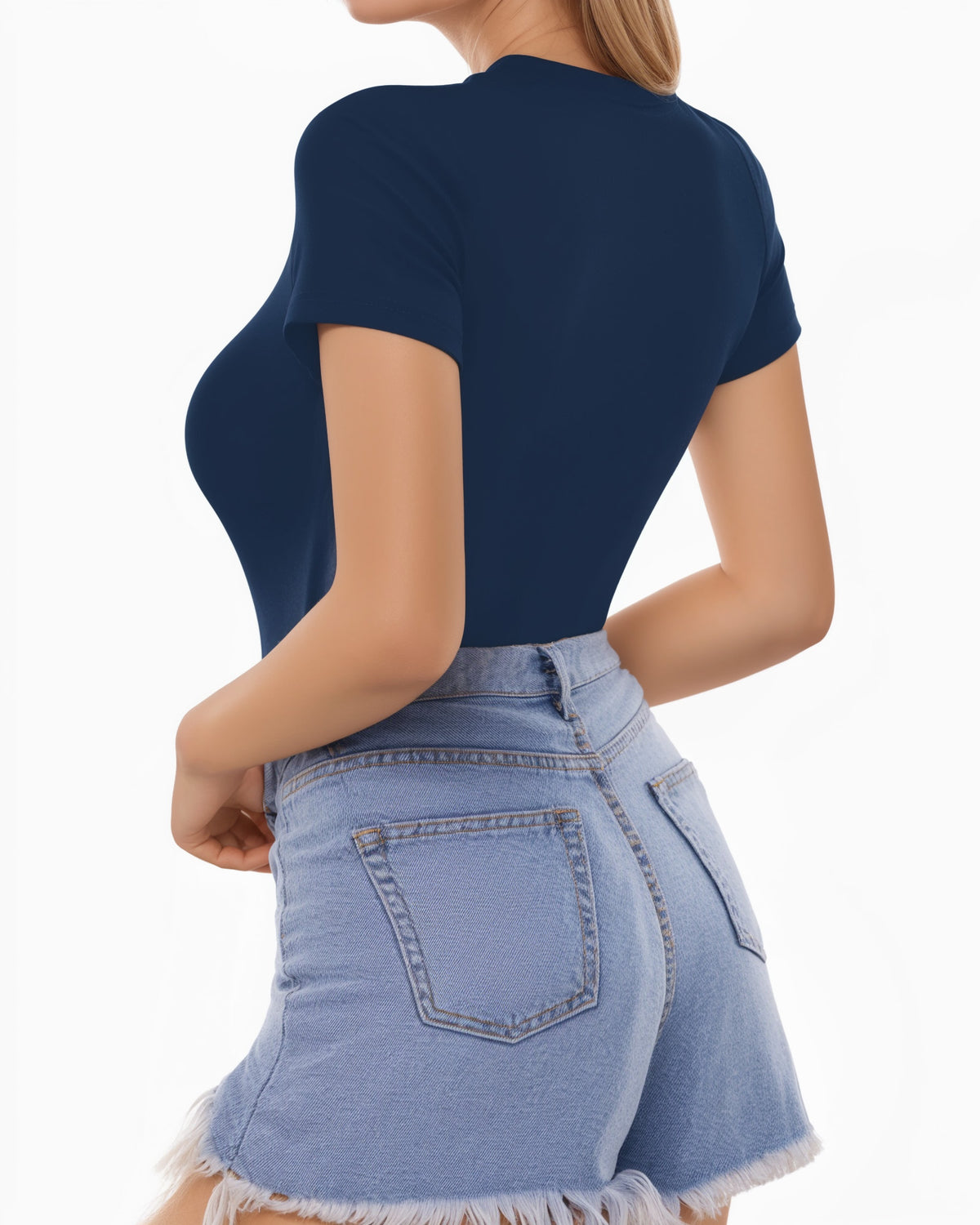 MANGOPOP Fitted Crew Neck Short-Sleeve Basic Tees Top Navy Blue