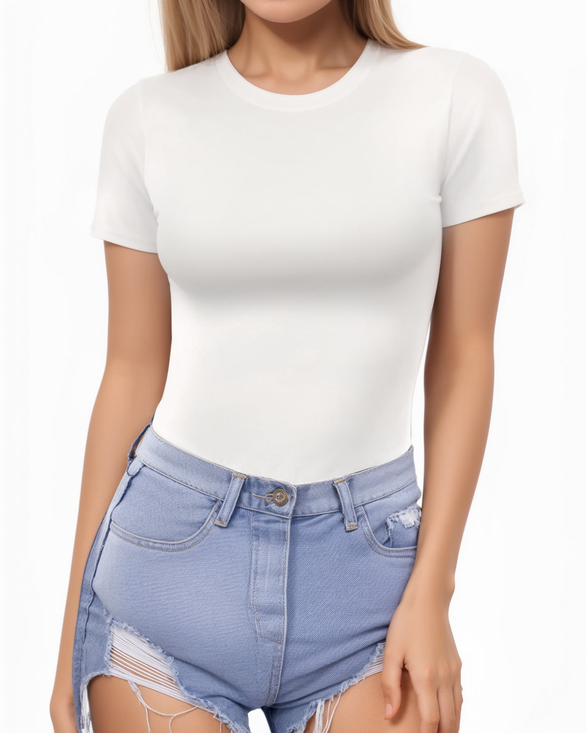 MANGOPOP Fitted Crew Neck Short-Sleeve Basic Tees Top White