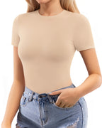 MANGOPOP Womens Short Sleeve Bodysuit Crew Neck Double Lined T-shirt Tops Second Skin Bodysuit Collection
