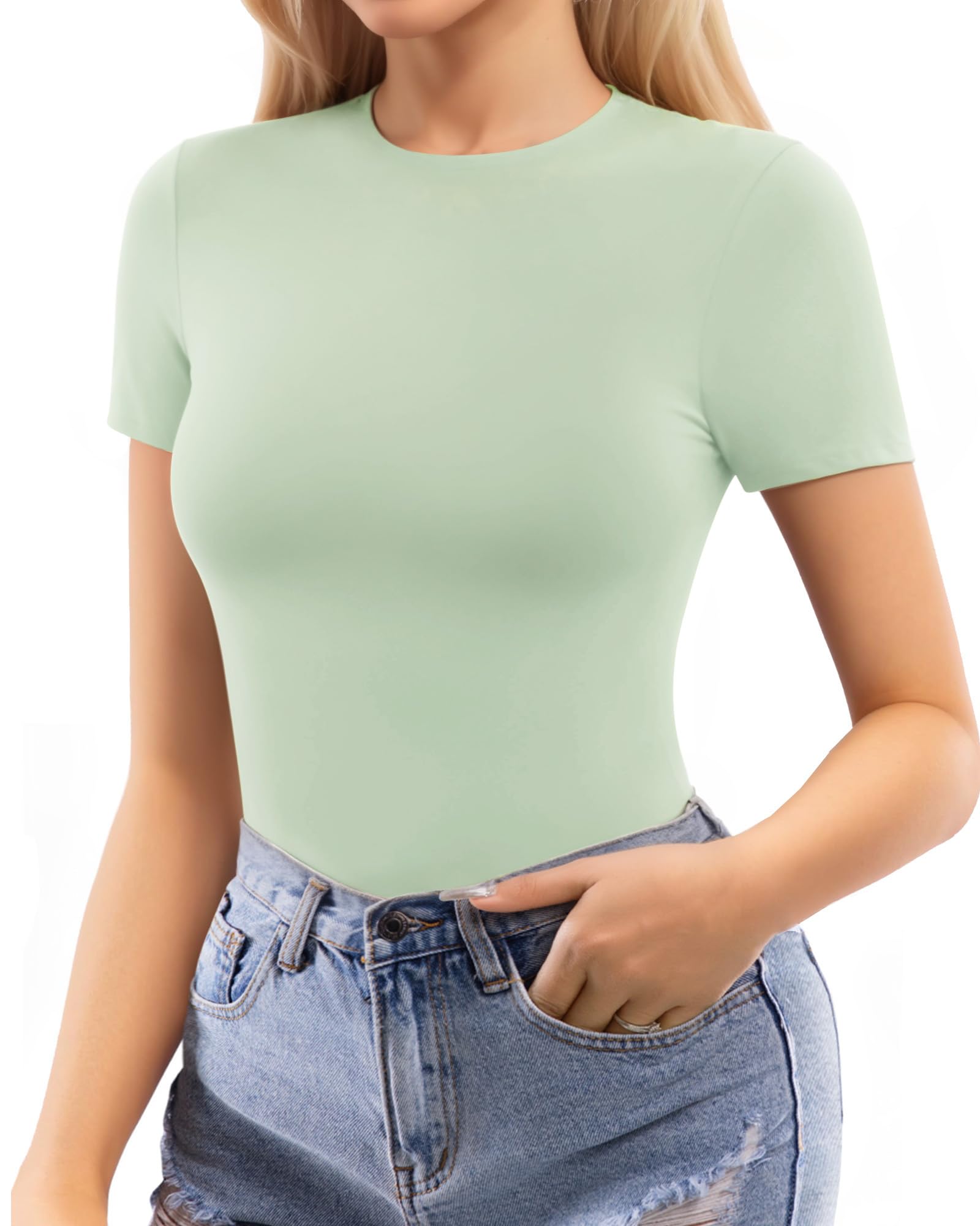 MANGOPOP Womens Short Sleeve Bodysuit Crew Neck Double Lined T-shirt Tops Second Skin Bodysuit Collection