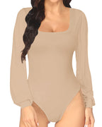 MANGOPOP Square Neck Puff Sleeve Bodysuit Loose Lantern Long Sleeve Body Suit for Women for Going Out