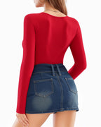 MANGOPOP Bodysuits for Women Deep V Neck Twist Knot Fitted Long Sleeve Bodysuit Basic Tops Casual T Shirts